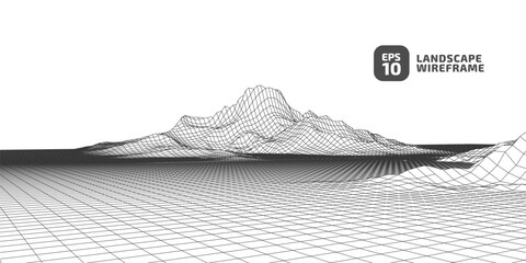 Wall Mural - Abstract wireframe background. 3D grid technology illustration landscape. Black mesh on white canvas. Digital Terrain Cyberspace in the Mountains with valleys. Data Array. | EPS10 Vector.