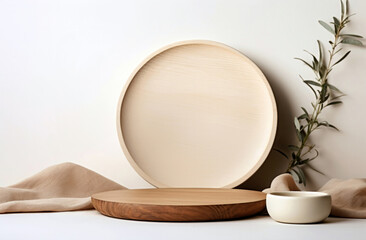 Poster - Tableware includes a white plate, wooden cutting board, and a bowl on the white table. High quality photo