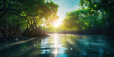 Sticker - Green mangrove forest with morning sunlight. Mangrove ecosystem. Natural carbon sinks. Mangroves capture CO2 from the atmosphere. Blue carbon ecosystems