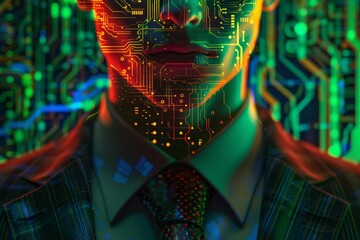 Poster - businessman on abstract circuit background with copy space. Computing and engineering concept. Double exposure