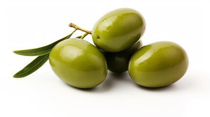 A pair of green olives, nestled on a branch with leaves, set against a white background in isolation.