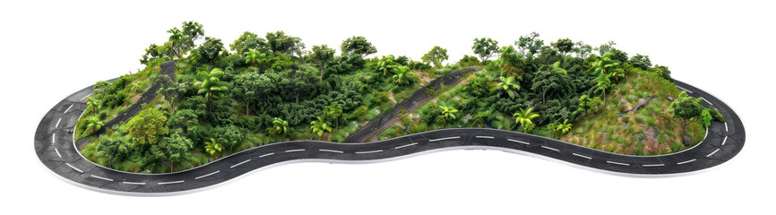 Serpentine road winding through a lush forest, cut out - stock png.