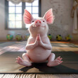 A pig is sitting on a mat and appears to be meditating. Funny pig doing yoga. Asana poses. 