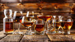 Strong Spirits Set. Hard alcoholic drinks in glasses in assortment: vodka, cognac, tequila, brandy and whiskey, grappa, liqueur, vermouth, tincture, rum