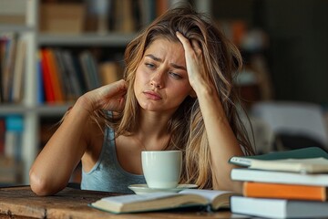 Wall Mural - Erschöpfte Studentin / Schülerin: Lernen mit Stress und Müdigkeit