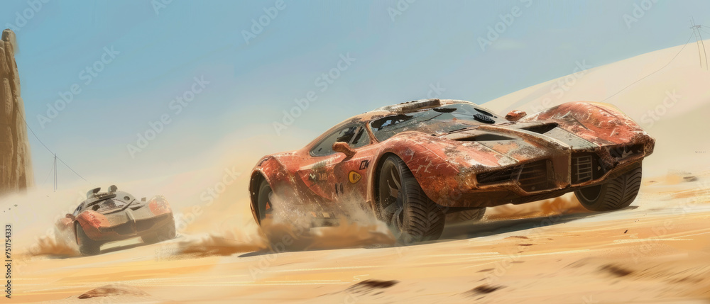 Post Apocalyptic Racing Old cars race at post-apocalyptic times, vintage iron vehicles drive ...