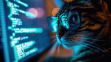 Fototapeta Londyn - Hacker works in dark room, cat wearing glasses uses computer. Concept of spy, ransomware, cyber technology, hack, vulnerability, scam, fraud and virus