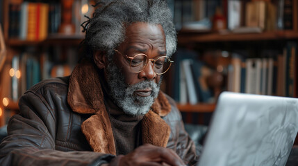 Elderly African American Man Working in Home Office