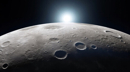 Wall Mural - a closeup of a moon surface in the dark sky with a shining star in the background. high quality phot