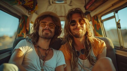 Canvas Print - A couple of men sitting next to each other on a bus