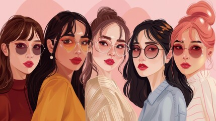 Wall Mural - A group of women with glasses on a pink background