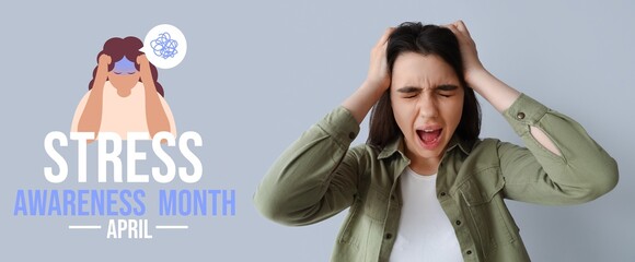 Wall Mural - Banner for Stress Awareness Month with woman having panic attack