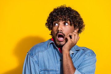 Sticker - Photo portrait of attractive young man look scared empty space dressed stylish denim clothes red scarf isolated on yellow color background