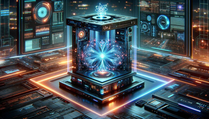 Wall Mural - Futuristic quantum computer core with holographic interface.