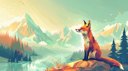 illustration of a fox in front of a beautiful landscape, isometric style, geometrical design, Fox on top of the mountain