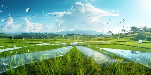 Poster - Smart agriculture with modern technology for sustainable practices. Rice farm. Smart farming concept. Sustainable agriculture. Precision agriculture. Climate monitoring.