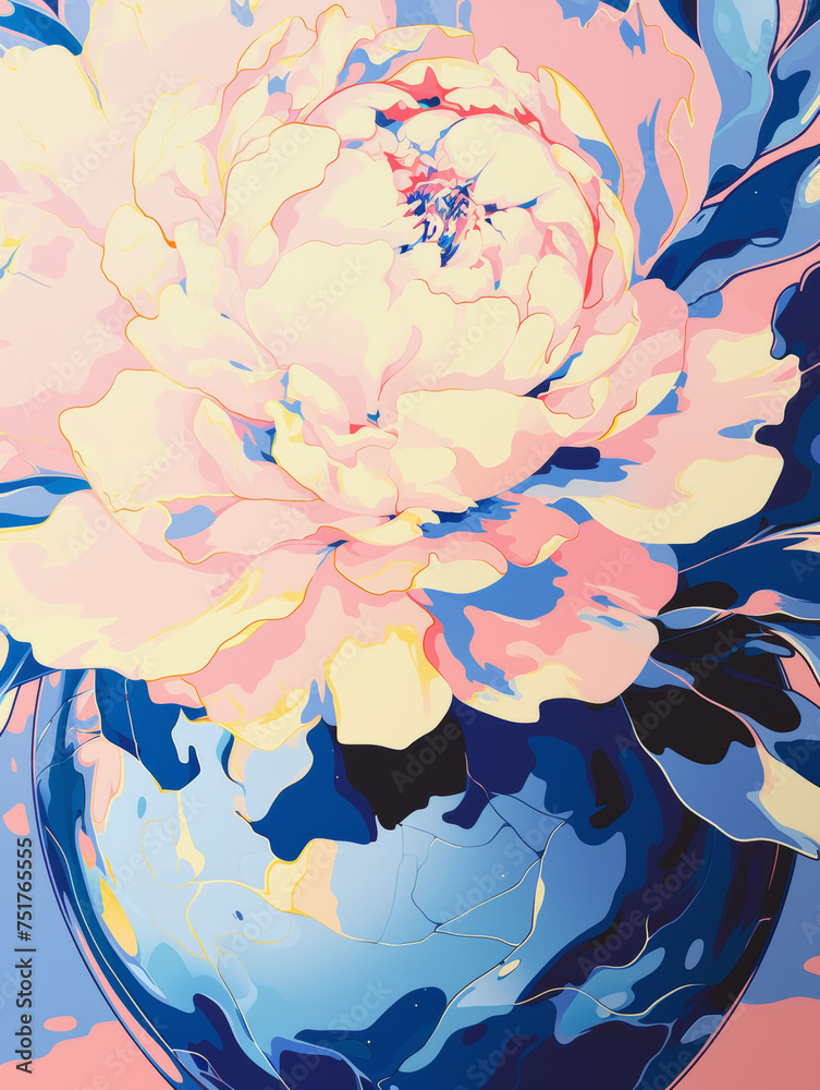 Abstract expressive artwork of flower in vase. Colorful paint stains ...