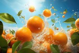 Fototapeta Przestrzenne - shows a bunch of oranges exploding out of a clear blue pool of water.  The bright orange citrus fruits spray droplets everywhere as they burst from the surface. The scene is refreshing and full of mot