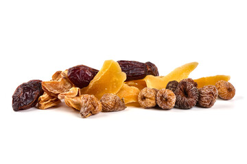 Wall Mural - Mixed dried fruits, dried mango, dates, figs, dried persimmon, isolated on white background