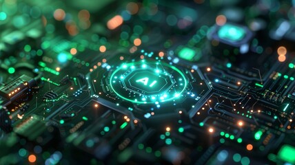 Poster - Ai computer data center render, with green light