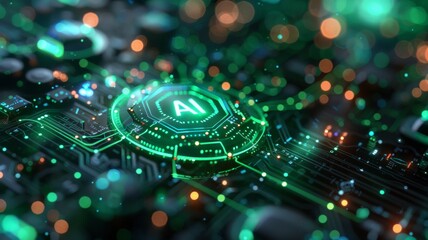 Poster - Ai computer data center render, with green light