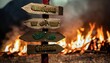 road sign showing the direction to countries with military conflict in the background wooden cult masks are on fire