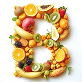Fototapeta Przestrzenne - A collage of various fresh fruits and berries arranged in the shape of the letter B. creative and healthy alphabet letter B made entirely of colorful fruits and berries.