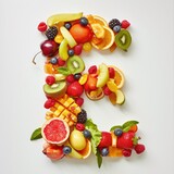 Fototapeta Przestrzenne - A collage of various fresh fruits and berries arranged in the shape of the letter E. creative and healthy alphabet letter E made entirely of colorful fruits and berries.
