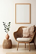 Feel the boho vibes contemporary living room, wicker chair, floor vases, and a blank mockup poster frame against a crisp white wall.