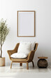 Feel the boho vibes contemporary living room, wicker chair, floor vases, and a blank mockup poster frame against a crisp white wall.