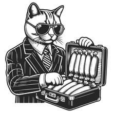 Mafioso Mafia Cat With A Suitcase Full Of Sausages And Valerian Sketch Engraving Generative Ai Vector Illustration. Scratch Board Imitation. Black And White Image.