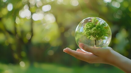 Sticker - A woman's hand holding a glass globe with a tree inside. Eco concept.