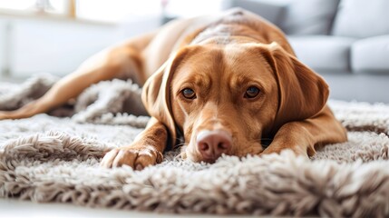 Wall Mural - Relaxed Brown Dog Lying on a Fluffy Rug at Home