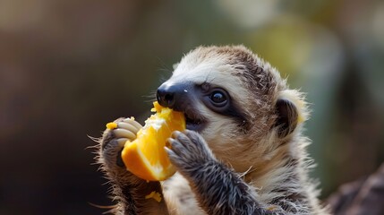 Wall Mural - Young Sloth Eating a Orange Piece