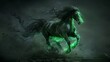 A mystical horse with a green glow. A hoofed animal (stallion or mare) running fast. Illustration for cover, card, postcard, interior design, banner, poster, brochure or presentation.