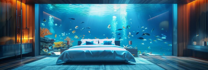 Wall Mural - Underwater Hotel, Luxury Room Under Water, Aquatic Bedroom in Aquarium, Underwater Hotel