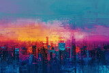 Fototapeta  - Compose a mottled background inspired by the colorful, chaotic energy of a metropolitan skyline at dusk, with the fading light of day giving way to the neon glow of urban life