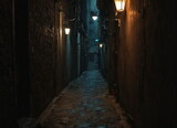 Fototapeta Uliczki - A narrow passage between the streets. An alley with a sidewalk and a narrow footpath between the walls of residential buildings. European architecture. A gloomy area with low lighting in the old town.