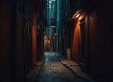 Fototapeta Fototapeta uliczki - A narrow passage between the streets. An alley with a sidewalk and a narrow footpath between the walls of residential buildings. European architecture. A gloomy area with low lighting in the old town.