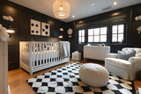 Fototapeta  - A chic black and white nursery with trendy accents. Interior design.