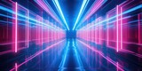 Fototapeta Perspektywa 3d - High-tech corridor with dynamic pink and blue neon lights, evoking a sense of motion
