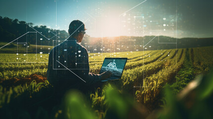 Poster - Person working on a laptop in an agricultural field at sunset, with a visual representation of data connectivity or innovation in farming technology overlayed on the image.