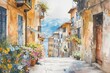 Mediterranes Europäisches Dorf, Künstlerische Wasserfarben Zeichnung 