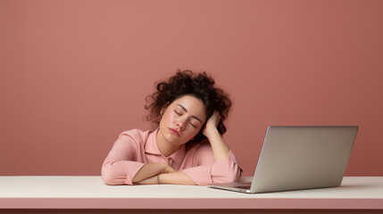 Wall Mural - Stressed woman, sitting at a desk, holding her head in her hands against pink background