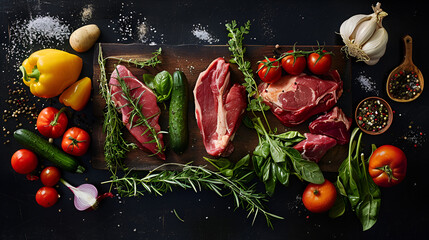 a few vegetables and meat placed at random using good spaces between like a product display