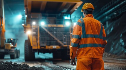 Man in Orange Safety Suit Standing In Front of Dump Truck