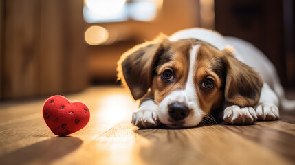 Wall Mural - Adorable puppy lying down on a wooden floor with a plush red heart toy