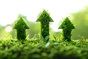 Wall Mural - Illustration of upward-pointing arrows made of lush green grass, symbolizing eco-friendly progress, sustainable development, and positive environmental growth trends