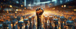 Illuminated robotic fist raised against a backdrop of numerous androids. Symbol of AI revolution. Mechanical hand upraised in a defiant gesture amidst a crowd. Panorama with copy space.