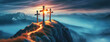 Three crosses stand against a dramatic sky atop a mountain. Crucifixion of Jesus Christ. Religious symbol of faith and redemption. Panorama with copy space.